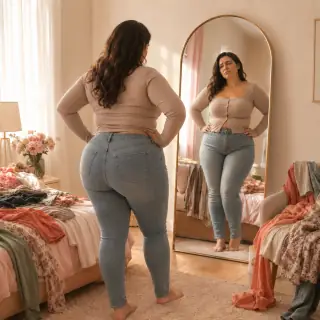 Mujer frente al espejo sintiéndose insegura con su ropa